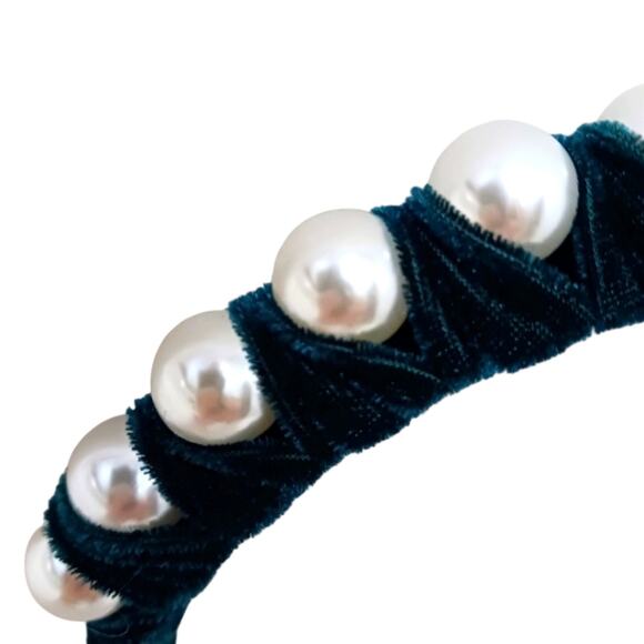 French Headband‎ Velvet Emerald Green Large WHITE PEARLS Luxe Fairy Prom Holiday main image 4